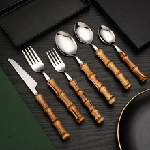 

1PC Dinnerware Bamboo Handle Cutlery Knives Fork Spoon Stainless Steel Tableware Teaspoons Ice Cream Spoon Kitchen Utensil Daily