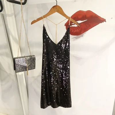 black big sequin Cakucool, расшитое блестками мини-платье, летнее, ТРАПЕЦИЕВИДНОЕ, блестящее, расшитое бисером, Vestidos, для женщин, с v-образным вырезом, сексуальный сарафан, с ремешком-цепочкой, шикарное платье - Цвет: black big sequin