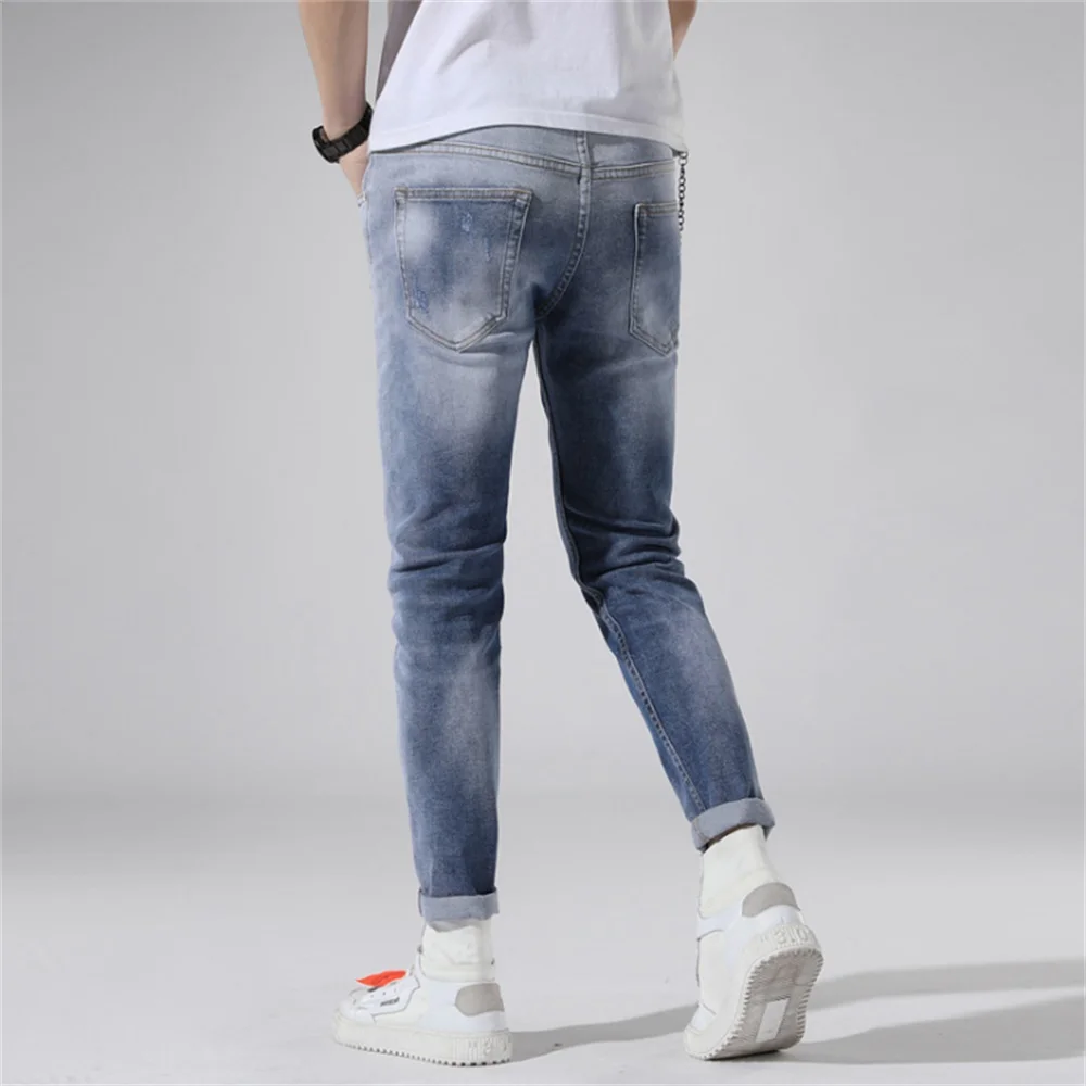 EH · MD® Pearl Pendant Decorated Jeans Men's Embroidered Broken Pants Ink Pants Painted Letters Slim Cotton Red Ears Soft 2021