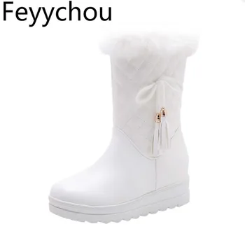 

Women Boots Winter Med Heel Warm Rabbit Fur Round Toe Pu Mid-calf 2019 Thickening Hairy Middle Boots In Flat Bottom Increase