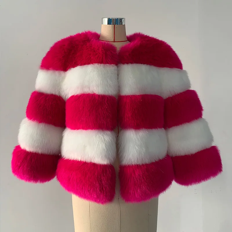 rose red Зимнее плотное теплое пальто из искусственного меха женское Полосатое пальто пэчворк женская короткая куртка плюс размер Повседневная Верхняя одежда из искусственного меха - Цвет: rose red