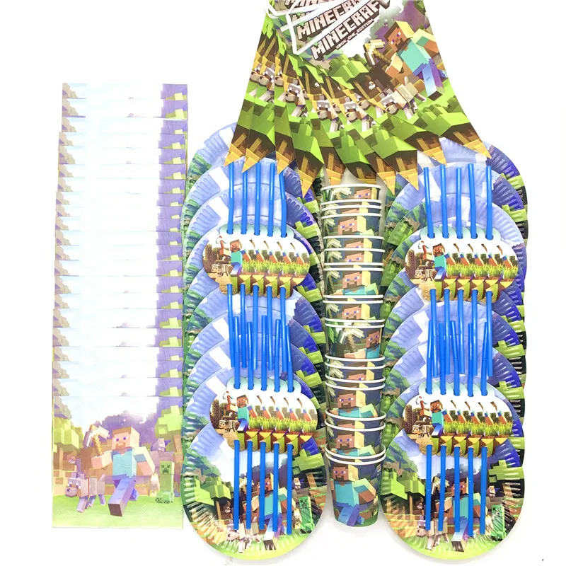 

90pcs/lot Minecraft Theme Boys Kids Favor Happy Birthday Party Decorations Supplies Baby Shower Cups Plates Napkins Flags Straws