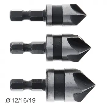 

3pcs/set 5 Flute 90 Degrees High Speed Steel Hex Shank 12-19mm Chamfer Cutter Countersink Fit for Woodworking Openings
