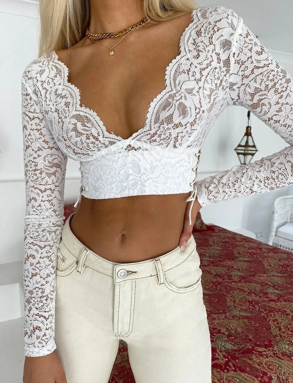 

Sexy Lace Sheer White Blouse Women Long Sleeve Slim Fit Top Fashion New Deep V Neck Lace-up Crop Tops Lady Backless Shirt