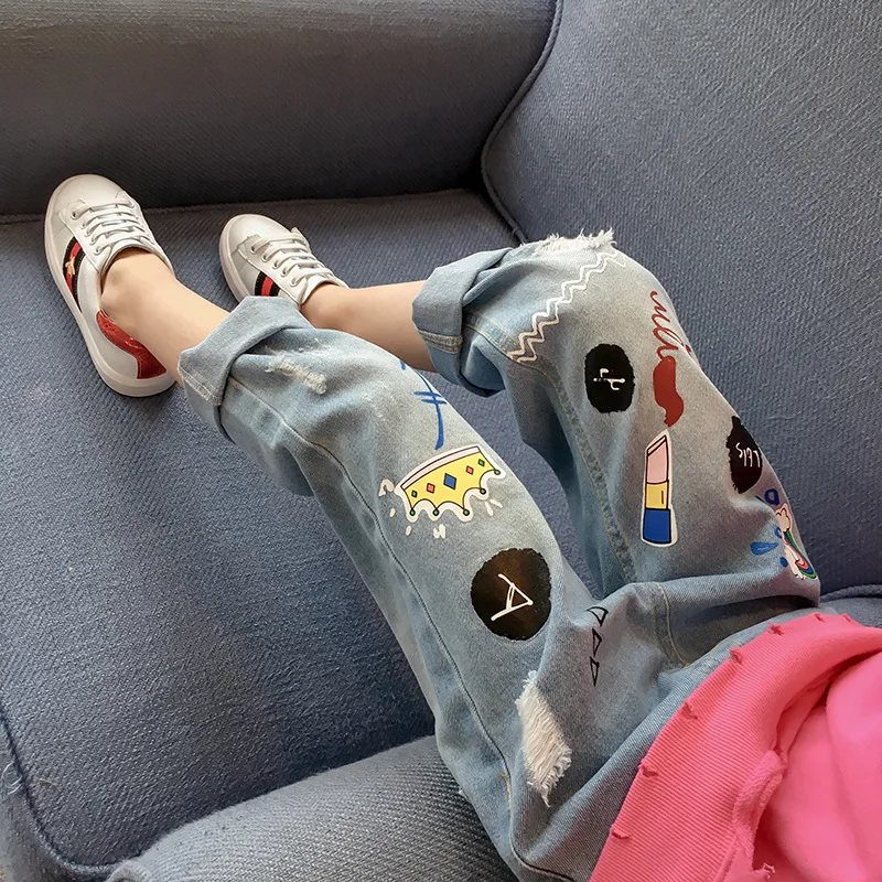 

Childrenswear Girls Jeans Spring And Autumn New Products 2019 Cool Graffiti Denim (Ankle-length Pants) Sub-Children-Style Fashio