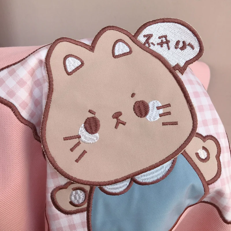 Милая японская толстовка с капюшоном для подростков женская одежда Kawaii Cat Графический плед розовые толстовки Весна корейский милый аниме женский свитер