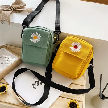 

New style Women's Zip Square Sling Bag Canvas Casual Messenger Student Small Shoulder Mini Phone Daisy Pattern Small Bag