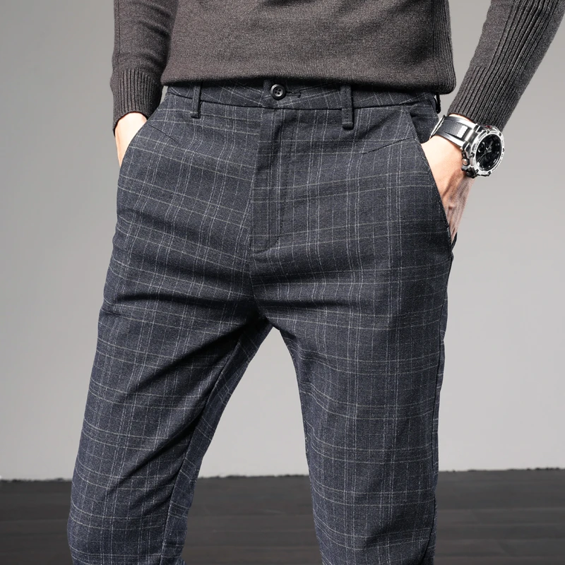 Pantalones a para hombre, pantalón informal de estilo británico, ajustado, color negro, gris y azul, precio barato|Pantalones informales| - AliExpress