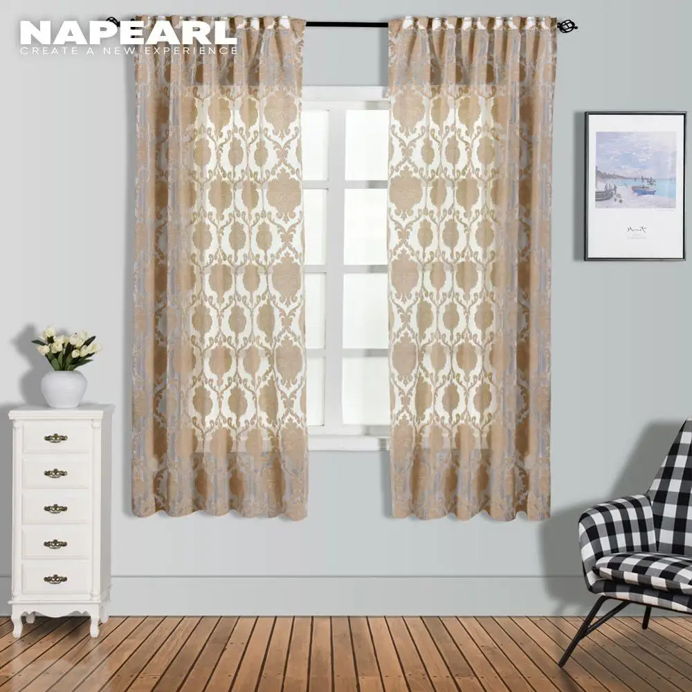 Napearl Brown Short Curtain Floral Jacquard Sheer Drapes Elegant Modern