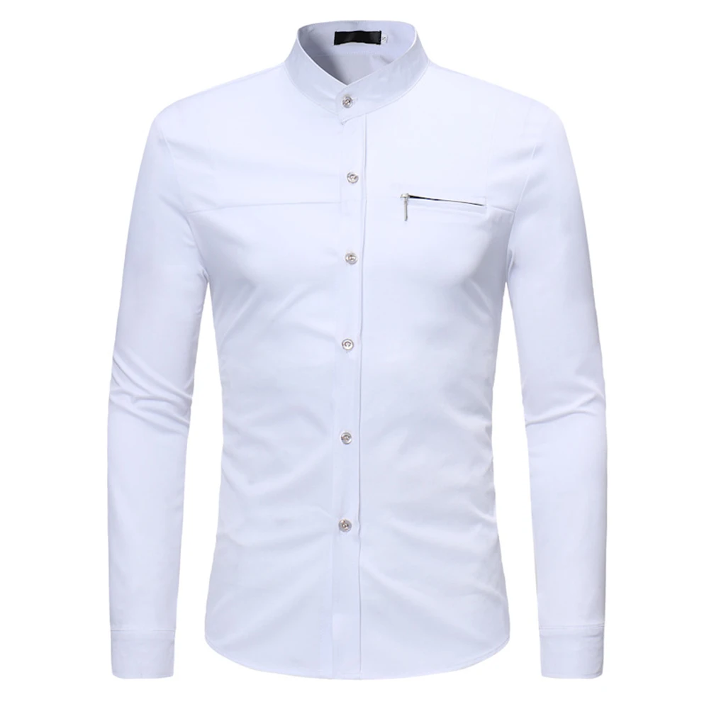 Male Autumn Shirt Long Sleeve Turn-down Collar Tops Fashion Zipper Boy Club Blusa High Quality Men Shirts Solid Color Party Wear - Цвет: White