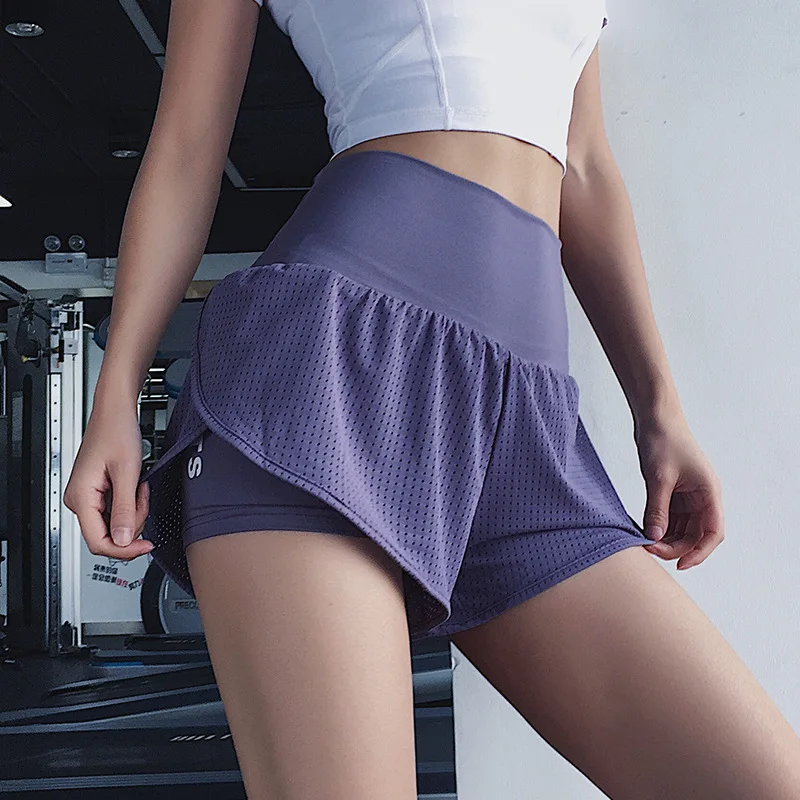 

High-waisted Belly Holding Fitness Quick-Dry Shorts Women's Fake Two-Piece with Lining Yoga Running Anti-Exposure Elasticity Ath