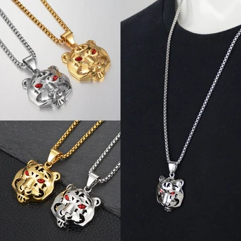 

Hip Hop Personality Red CZ AAA Zircon Hollow Tiger Head Pendant Necklaces Titanium Steel Necklace Jewelry For Men Women
