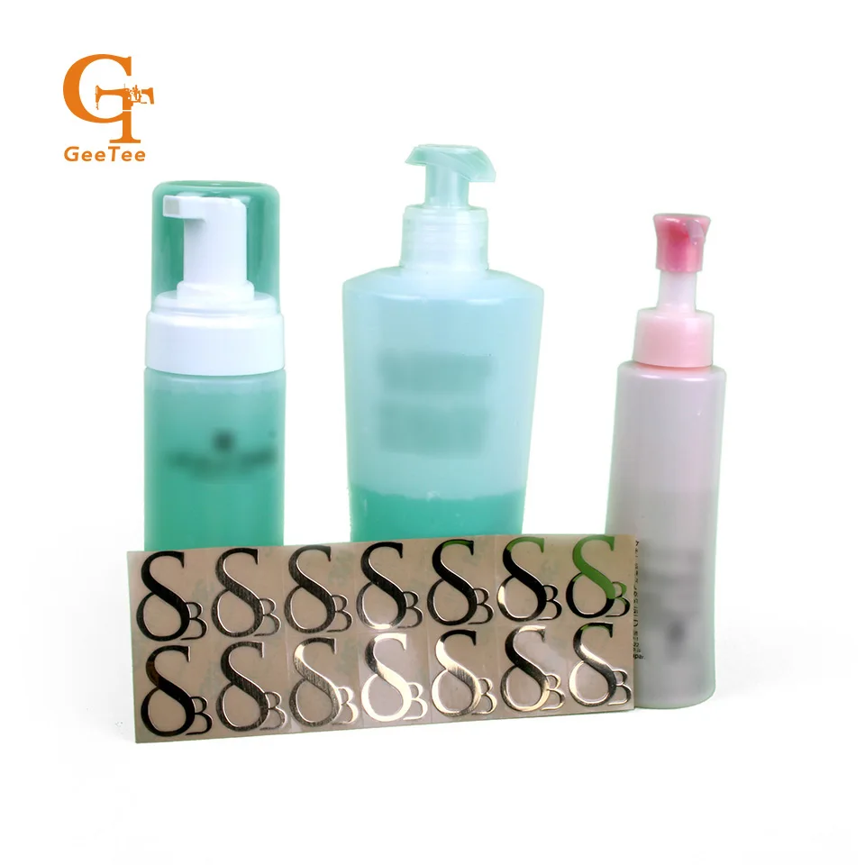 

Custom company name brand thin adhesive metal logo sticker shipping labels for cosmetics packaging, plastic glass bottle