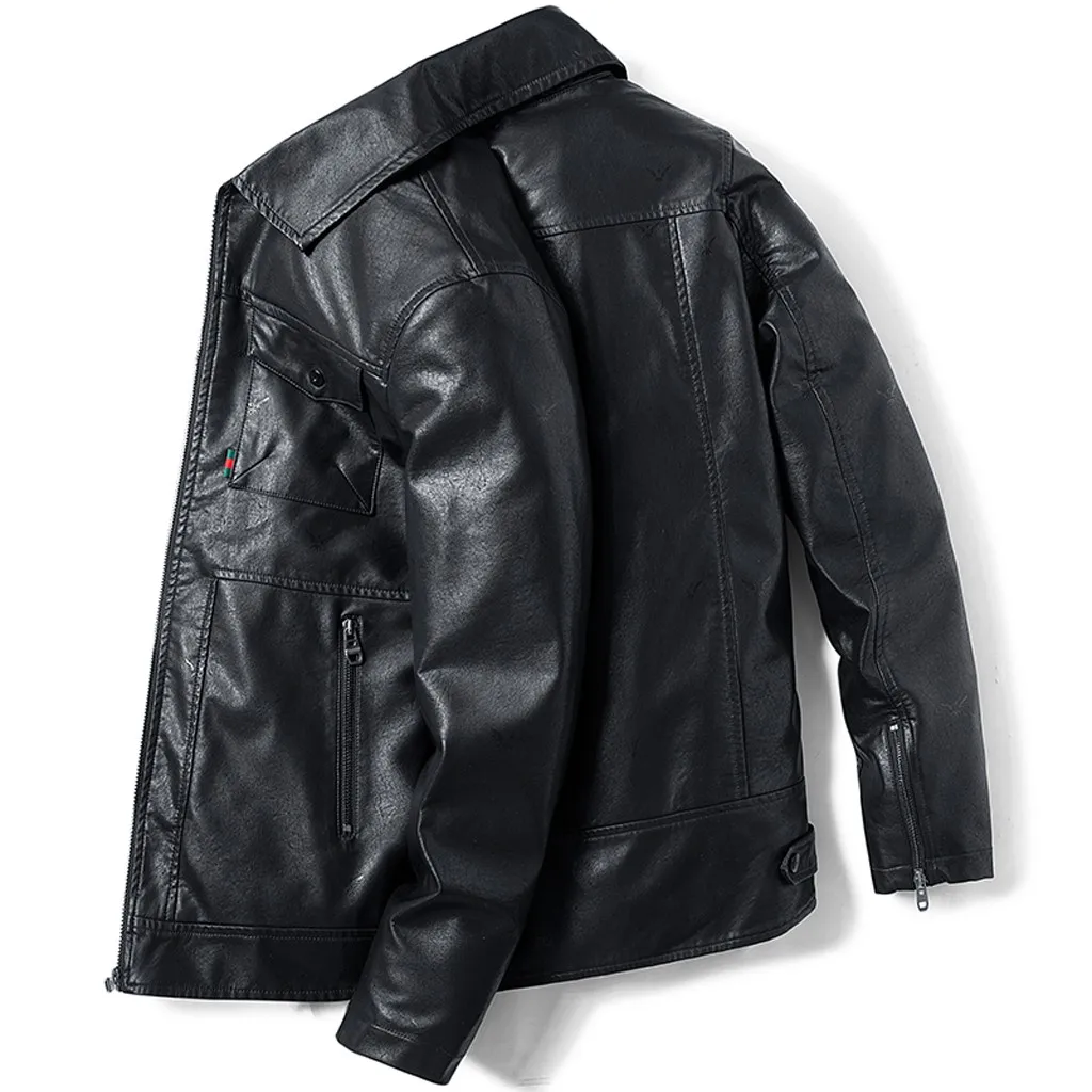 Мужская кожаная куртка кожаная курка мужская jaqueta de couro masculino осенне-зимняя однотонная кожаная куртка с длинными рукавами#3