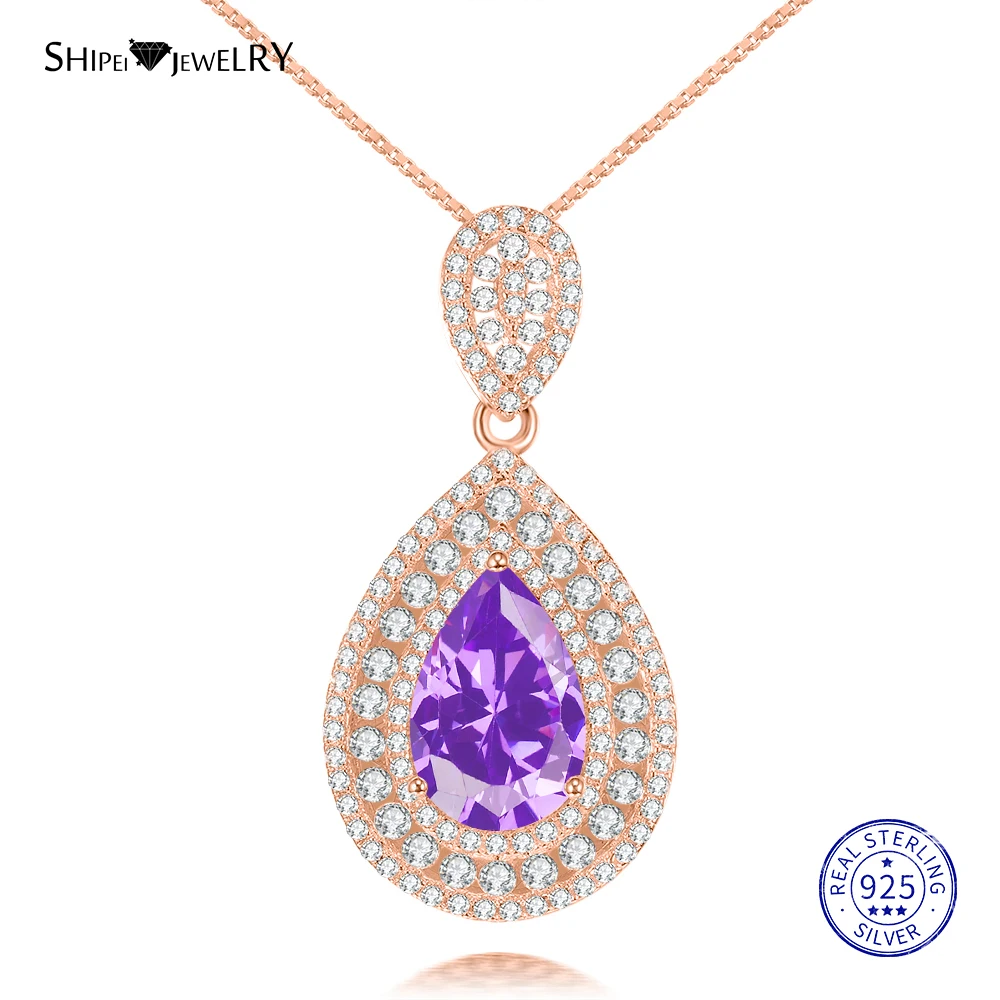 Shipei Sterling Silver Fine Jewelry Ruby Emerald Sapphire Water Drop Pendant Necklace for Women Anniversary Gift