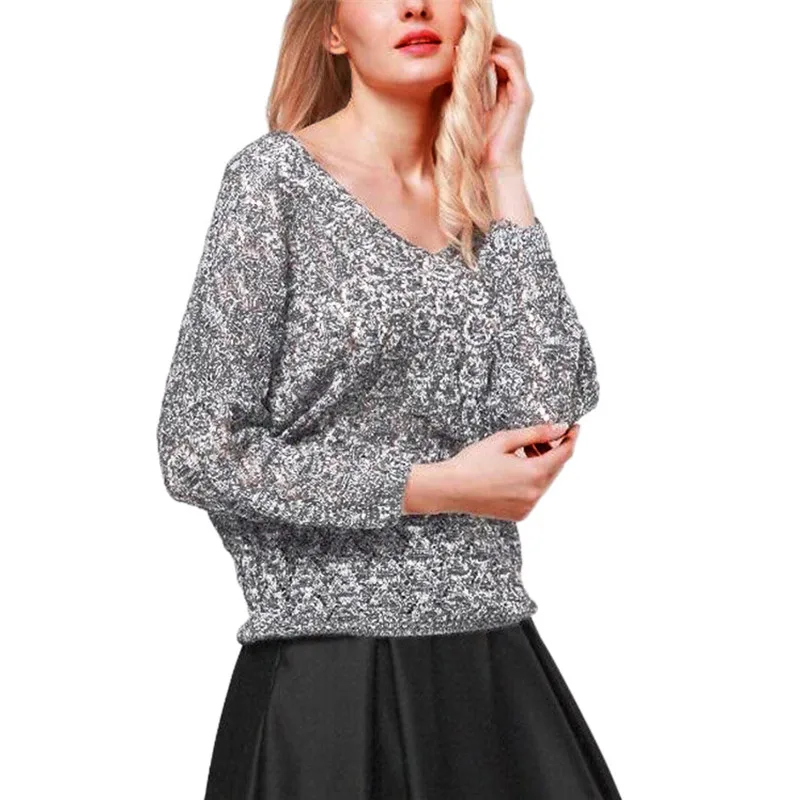 

Knitted Women V-Neck Batwing Long Sleeve Hollow Knitted Loose Sweater Jumper Tops Fashion Slim Femme Elasticity Pullovers C429