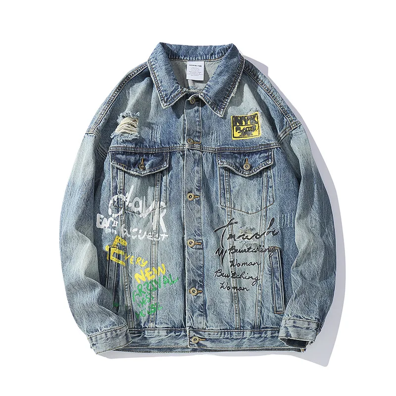 

ABOORUN Graffiti Printed Ripped Mens Denim Jacket Oversized Streetwear Hip Hop Jeans Jacket Casual Outwear Male R2462