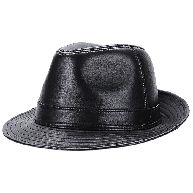 Sheepskin Black Мужская зимняя ретро Англия Стиль Джаз теплая кожаная шляпа Федора мужской формальный изогнутый край Кепка - Цвет: Sheepskin Black