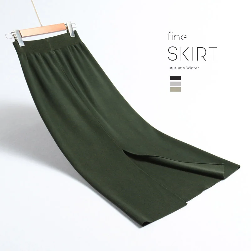 INNASOFAN knitted skirt Women's Autumn-winter sexy high waist skirt Fashionable high-end chic long solid skirt - Цвет: Армейский зеленый