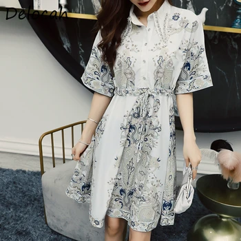 

Delocah Summer Fashion Runway Women Dress Half Sleeve Gorgeous Crystal Beading Vintage Printed Loose Female Short Dresses