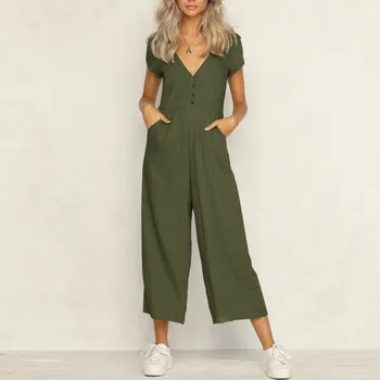 

Women Short Sleeve Jumpsuit Cotton Linen Romper Solid Color V-neck VogueJumpsuit Summer Wide Leg Playsuit Overalls For Women