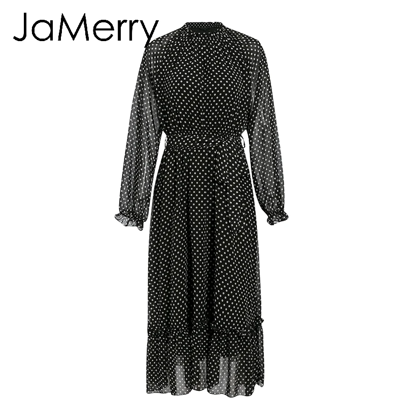 JaMerry, винтажное, Осеннее, женское, вечерние, длинное, макси платье, элегантное, рукав-фонарик, в горошек, с принтом, платья для отдыха, пляжный стиль, платья - Цвет: Черный