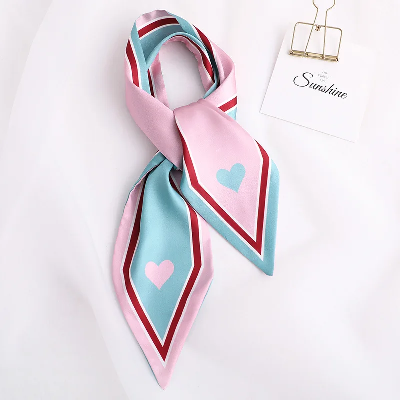 Sweet Love Print Women Small Silk Scarf Handle Bag Ribbons Female Head Scarves Sharp angle Green 90*10cm