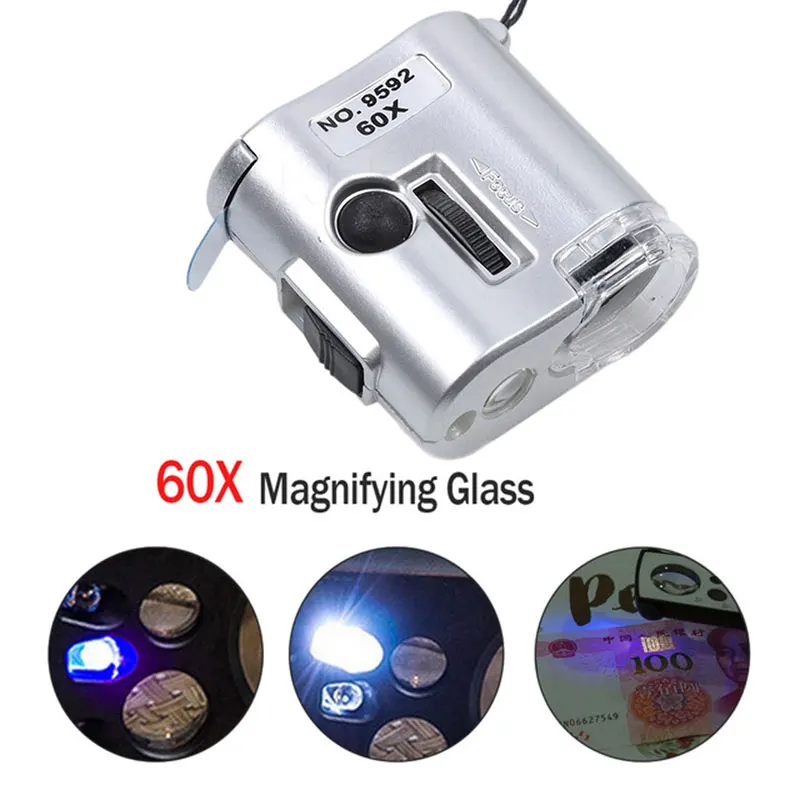 Creative 9592 Microscope Macro Lens Magnifier Loupe Illumination Portable Currency Detector Magnifying Durable Silver 60X