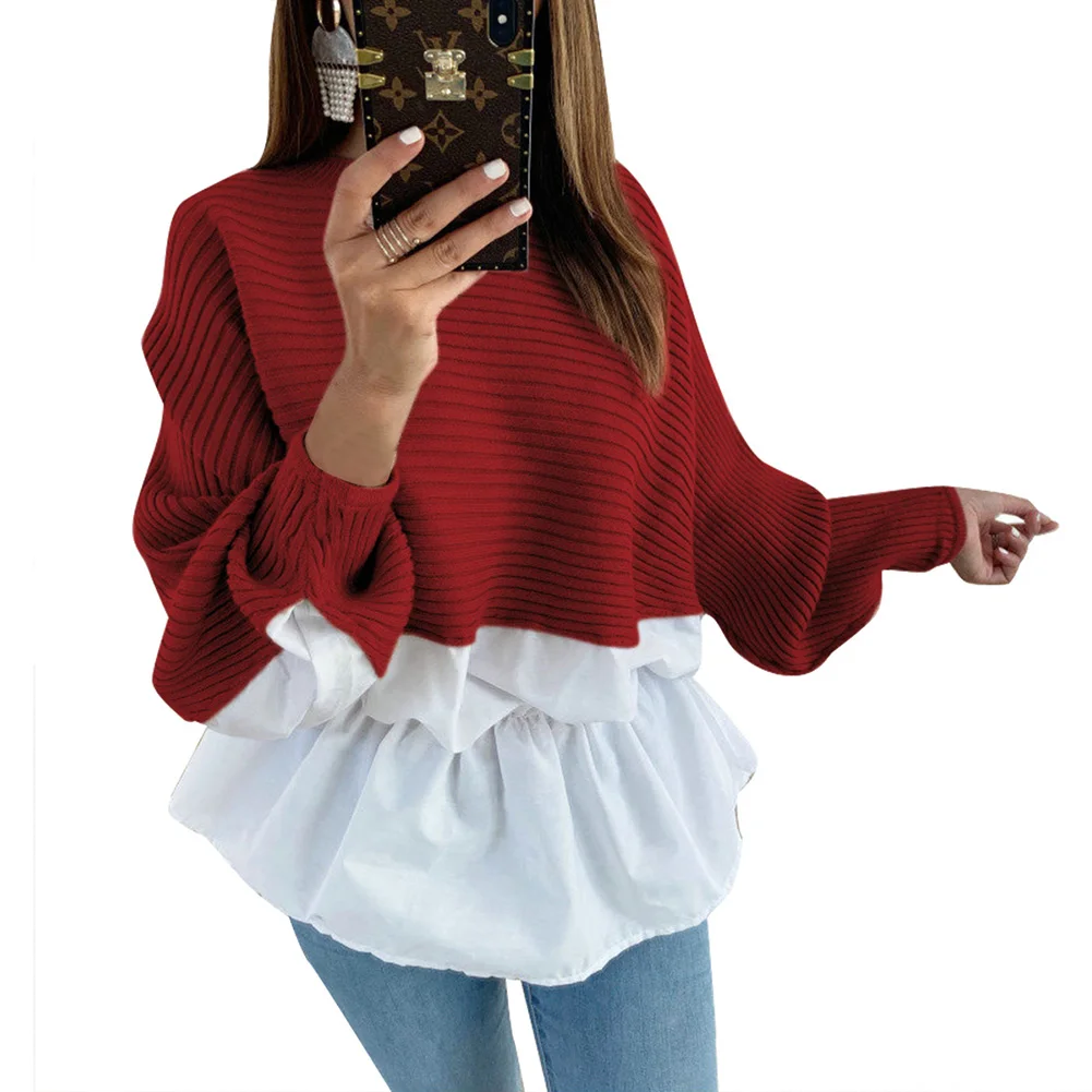 Bohisen winter Fashion sexy color matching irregular stitching sweater Round neck long sleeve tops Elastic waist blouse