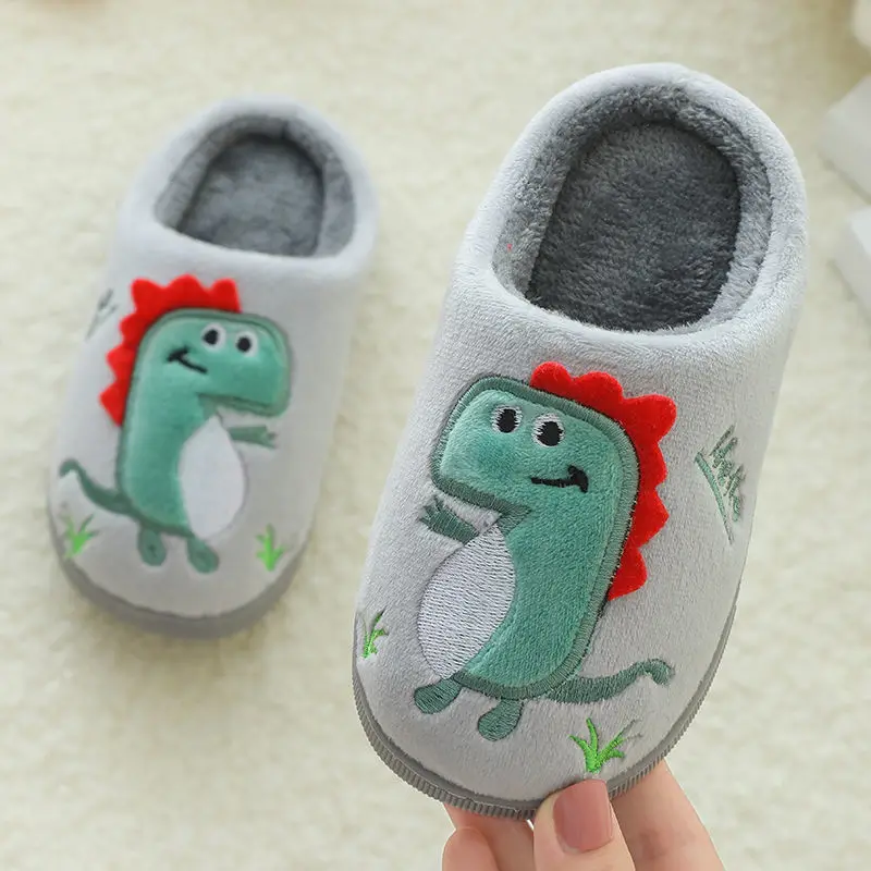 Autumn Winter Warm Slippers Children Cartoon Dinosaur Non-Slip Indoor Cotton Slippers Cute Plush Kids Furry Shoes Boy Girl Shoes