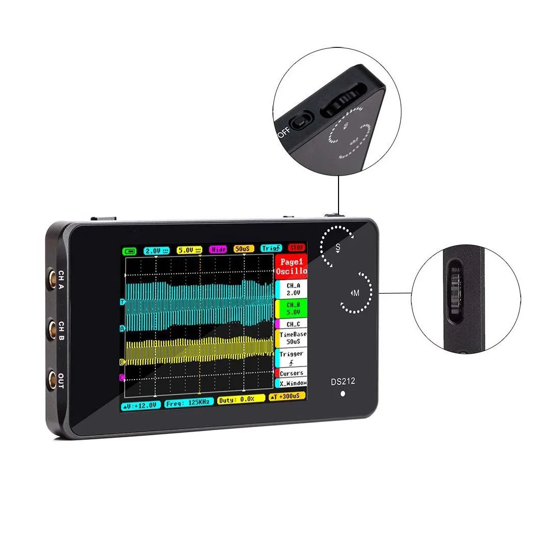 Полоса пропускания 1 МГц Частота дискретизации 10MSa/s MINI DS212 карманный размер lcd цифровой осциллограф Портативный Nano Ручной Большой Палец колесо