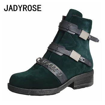 

Vintage Green Suede Women Ankle Boots Gladiator Strap Short Winter Botas Mujer Low Heels Blue Knight Booties Side Zip Botines