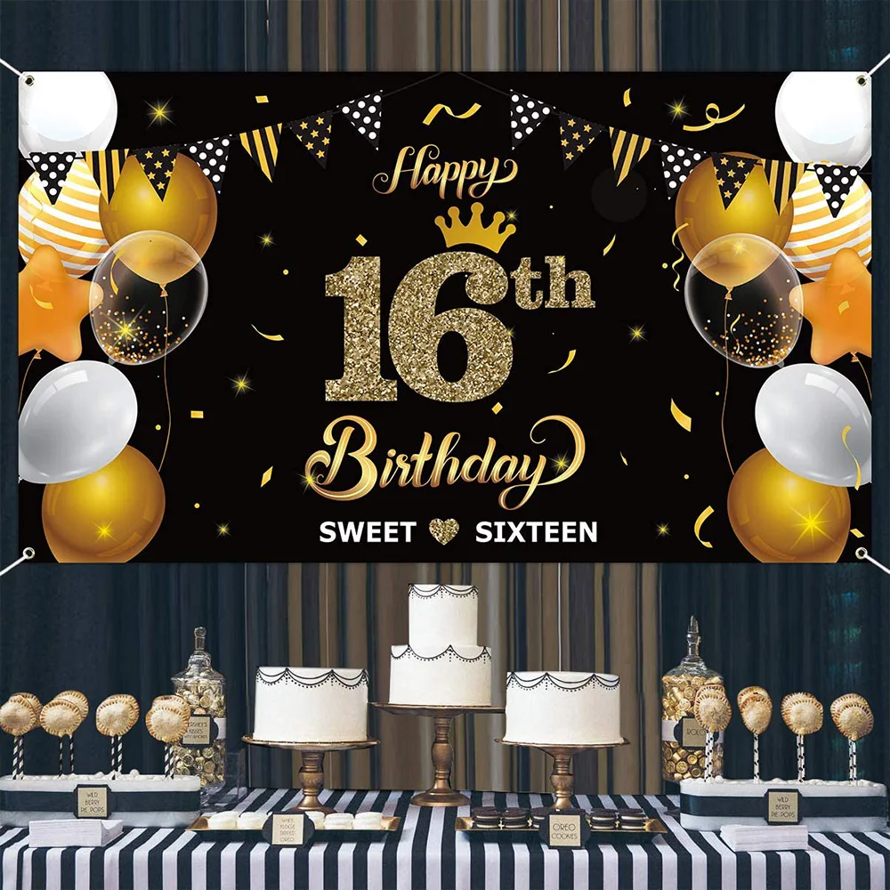 Decoración de fiesta de 16th cumpleaños, cartel con dibujo de fondo oficial para niños, suministros para decoraciones de fondo de fotos en interiores o exteriores