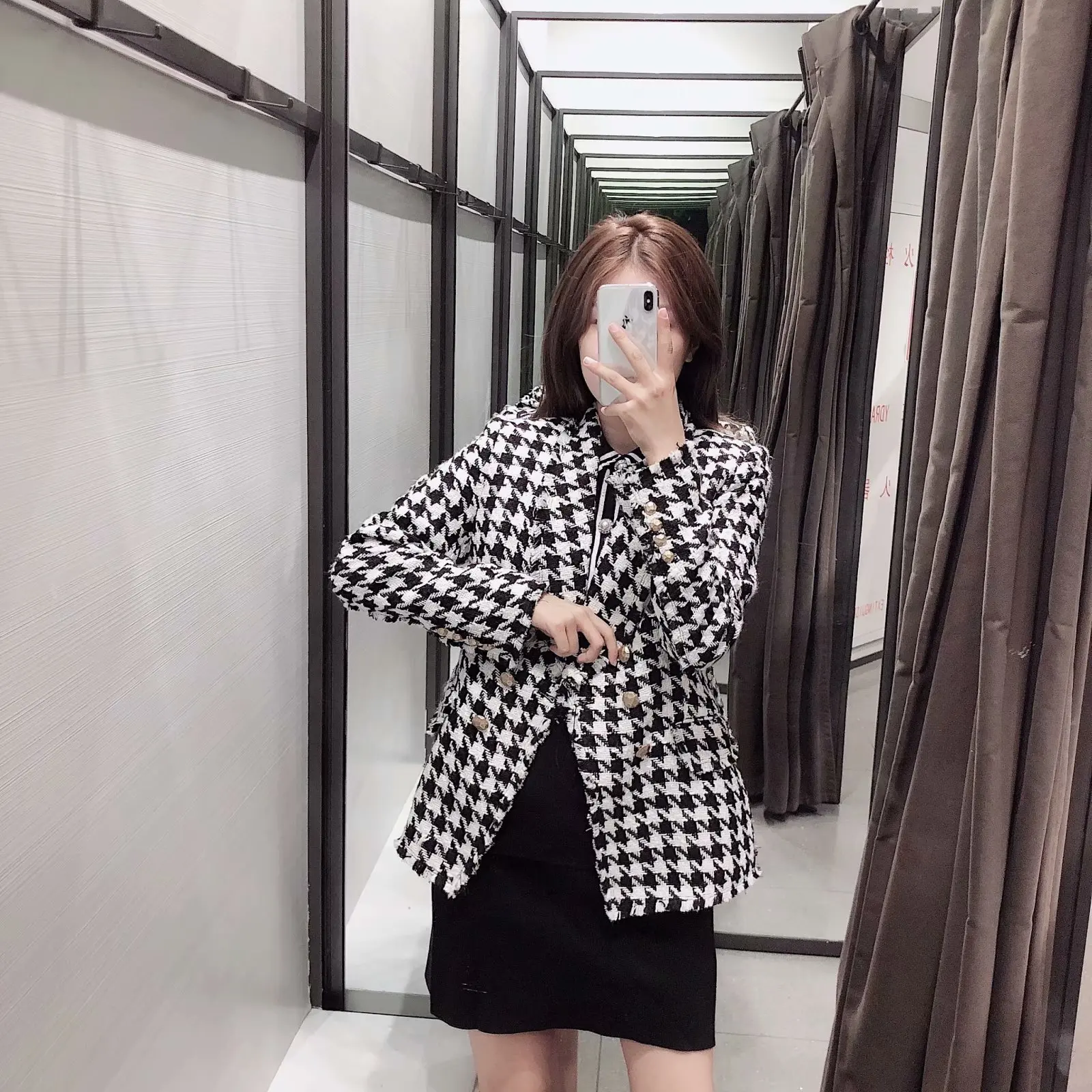 Autumn Clothing Western Style New Style WOMEN'S Dress Western Style Suit Black And White Lattices Thousands of Birds CHIC Coat