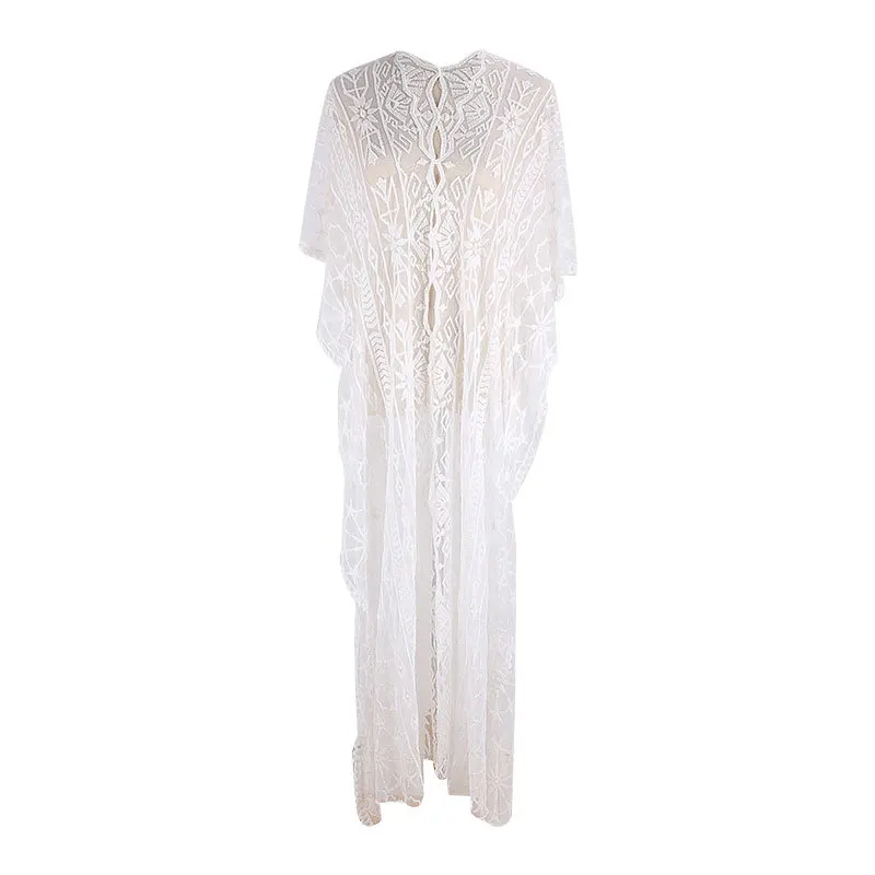 white lace cover up FORERUN женское белое кружевное летнее парео с рюшами, Пляжное бикини, длинное Открытое платье макси, Saida De Praia Longa - Цвет: white lace cover up
