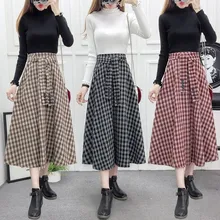 Элегантные Осенние Зимние женские шерстяные юбки, клетчатые юбки средней длины А-силуэта, повседневные свободные женские офисные юбки размера плюс с эластичной резинкой на талии