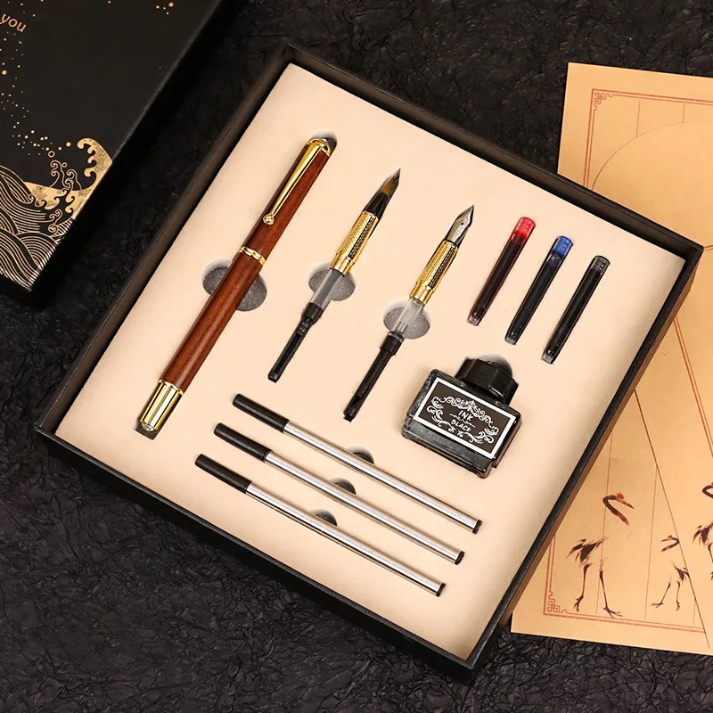 

3-In-1 Luxury Fountain Pen Set Multi-Tip Gift Box Chinese Style Retro Solid Wood Ebony Brush Rosewood Mahogany Wolf Pen with Ink