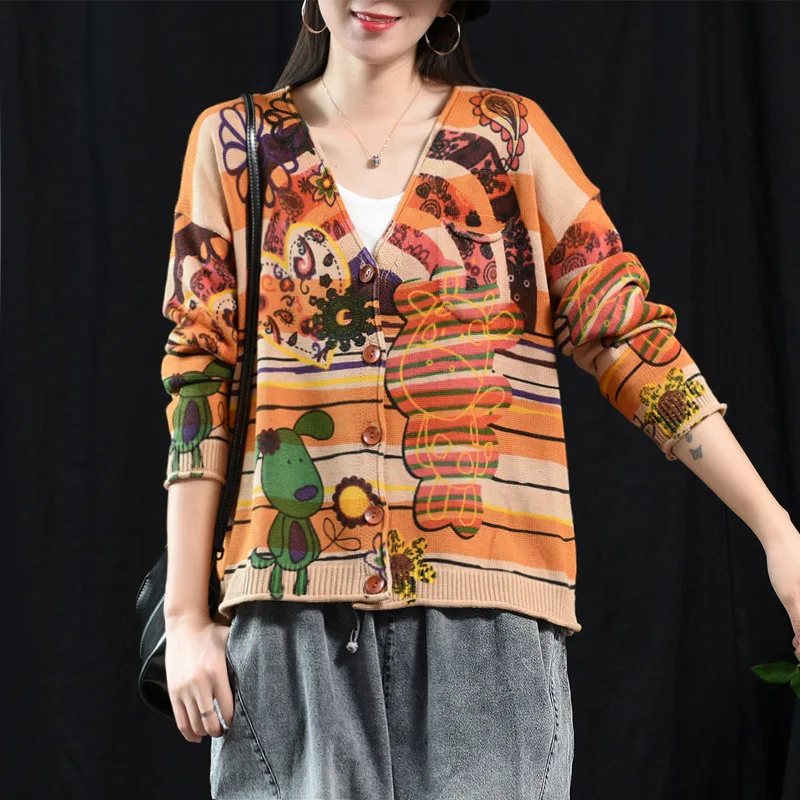 

Retro art autumn new print knit top V-neck long-sleeved cardigan sweater coat female js