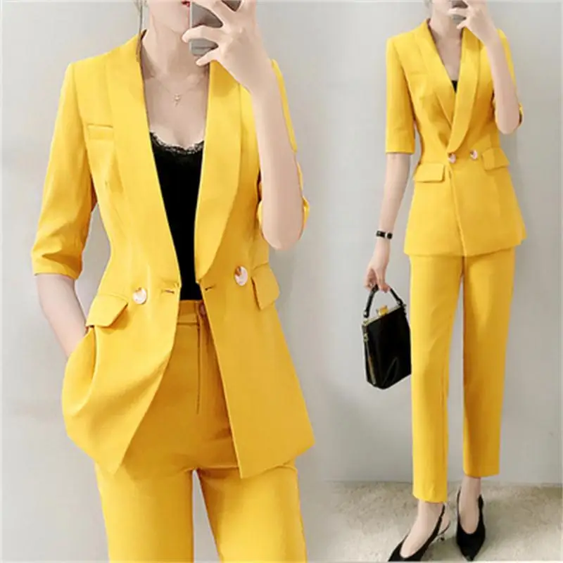 

Fashion suit suit female fall New high-end temperament British wind Yellow Casual business suit + pant two-piece suit women