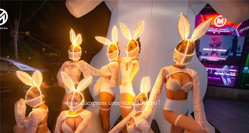 Nightclub bar female singer guest dance team LED lace rabbit pearl suit costume03