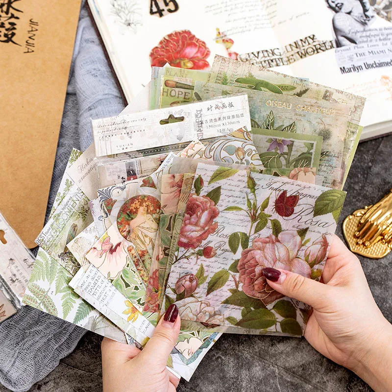

15Pcs Cute Retro Stickers Kawaii Flowers Stationery Stickers Bronzing Paper Adhesive Sticker For Kids DIY Diary Albums Supplies