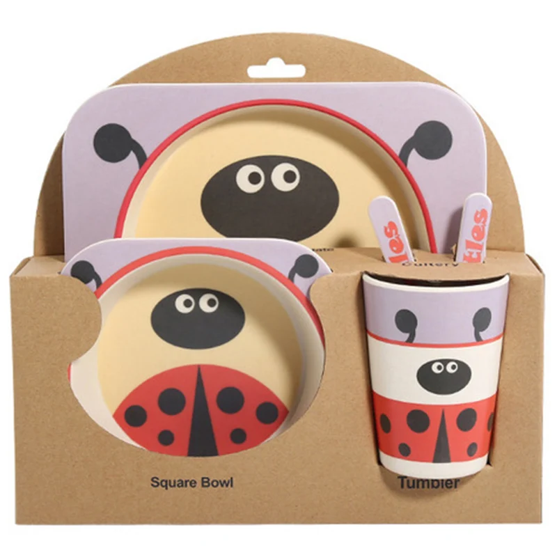 

5Pcs/Set Cartoon Animal Plate+Bow+Fork+Cup Baby Dinnerware Feeding Set Bamboo Fiber Baby Lovely Children Container Tableware Set