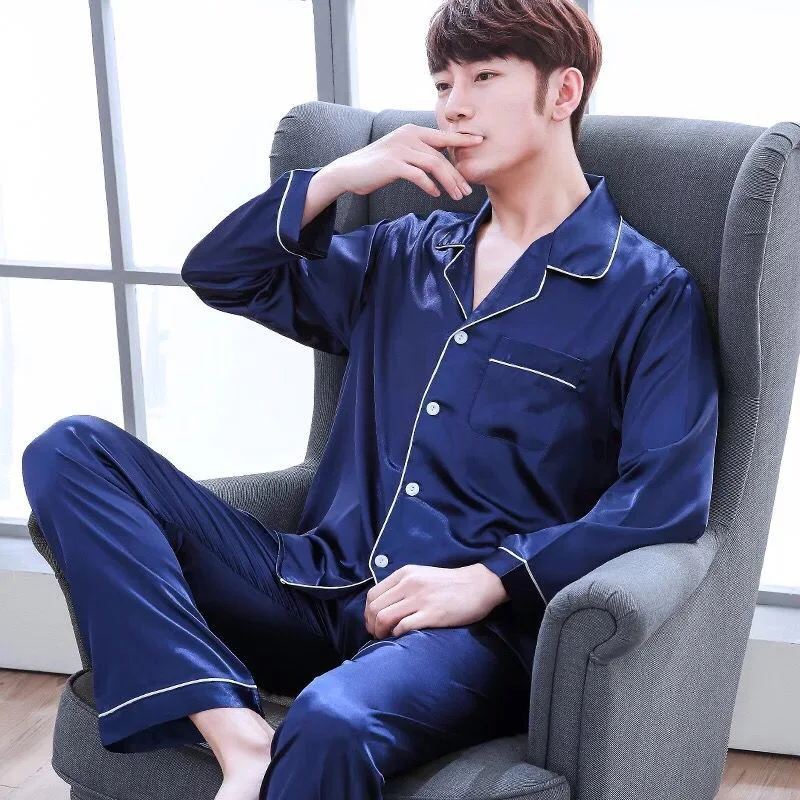 Men Pajama Sets Silk Satin Pijama Turn-down Collar Sleepwear  Long Sleeve Spring Nightwear Male 2 Pieces Sets Homewear CM11