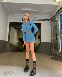 Conjunto de dos piezas para mujer, Blazer corto con un solo botón, Estilo Vintage a cuadros azules, cintura alta, 2021