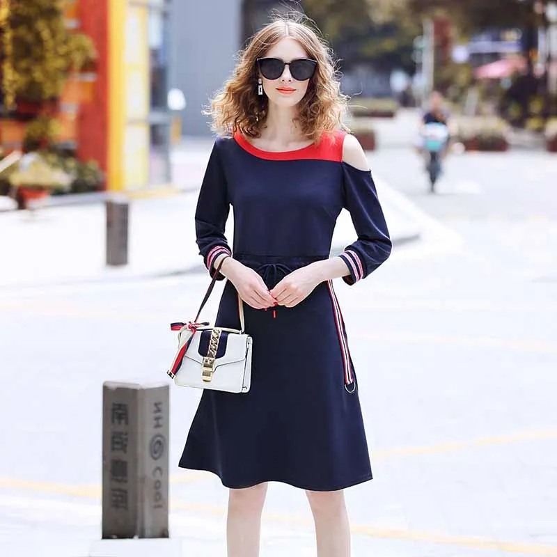 

Ozhouzhan 2019 Autumn Clothing WOMEN'S Dress New Style Cool off-Shoulder Mixed Colors Drawstring Lace Mid-length Dress