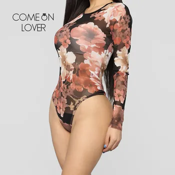 

Comeonlover Printing Jumpsuit O-Neck Tight Bodys Para Mujer Flowers Full Sleeve Fashionable Women's Bodysuits Erogenous RI80827