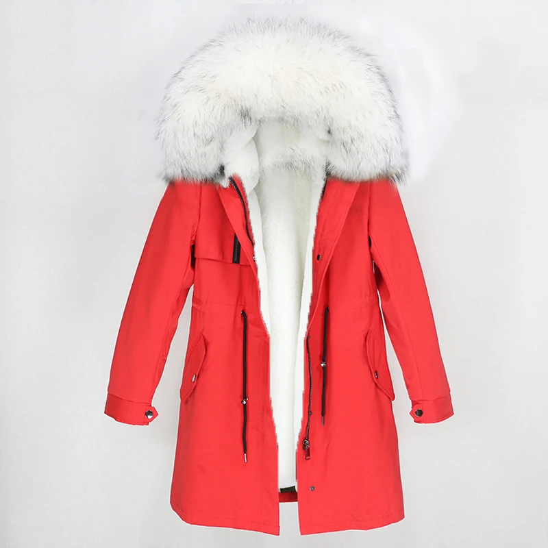 red white OFTBUY новая парка зимняя куртка женская шуба из натурального меха енота меховой капюшон, воротник из натурального кроличьего лайнера теплая тонкая верхняя одежда - Цвет: red white