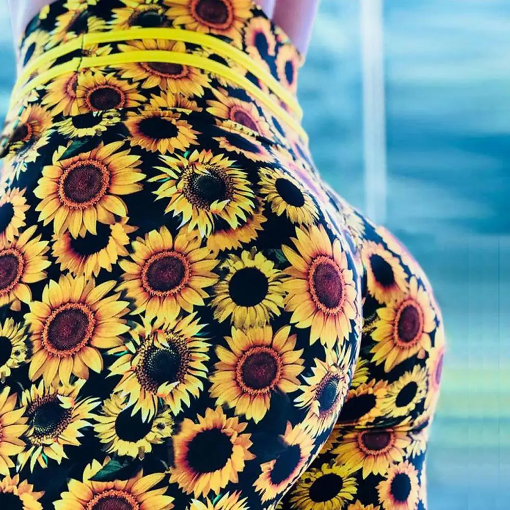 Для женщин с рисунком подсолнуха; в стиле «хип дыхательные упражнения спортивные плотные спортивные штаны для бега, женские с высокой талией, для фитнеса, леггинсы штаны для йоги