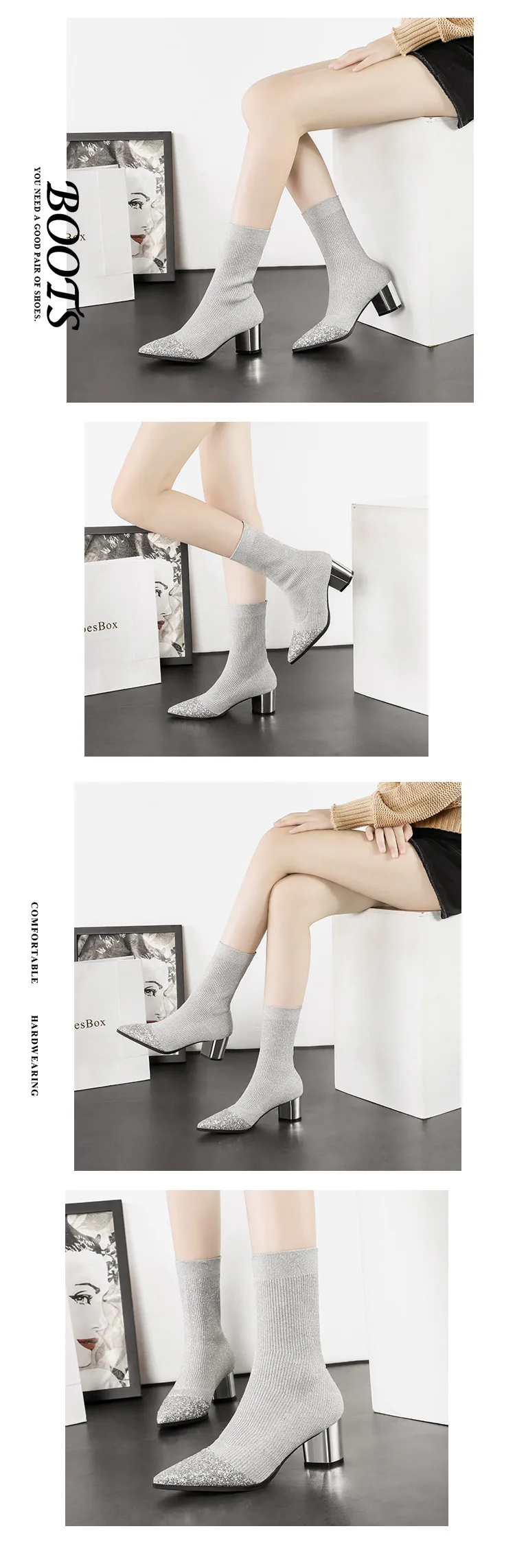 Эластичные вязаные ботинки; botas mujer; коллекция года; ботинки «Челси» на высоком каблуке с острым носком; ботинки до середины голени; модные женские ботинки с блестками