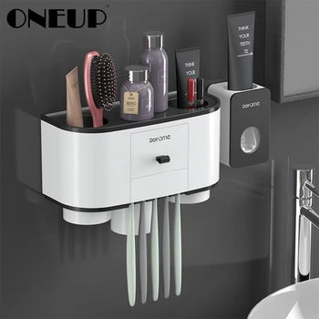 

ONEUP Toothbrush Holder Automatic Toothpaste Dispenser Squeezer Wall Mount Bathroom Storage Rack Home Bathroom Accessories Sets
